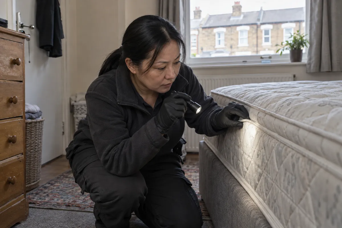 Illustration of a technician inspecting a mattress seam