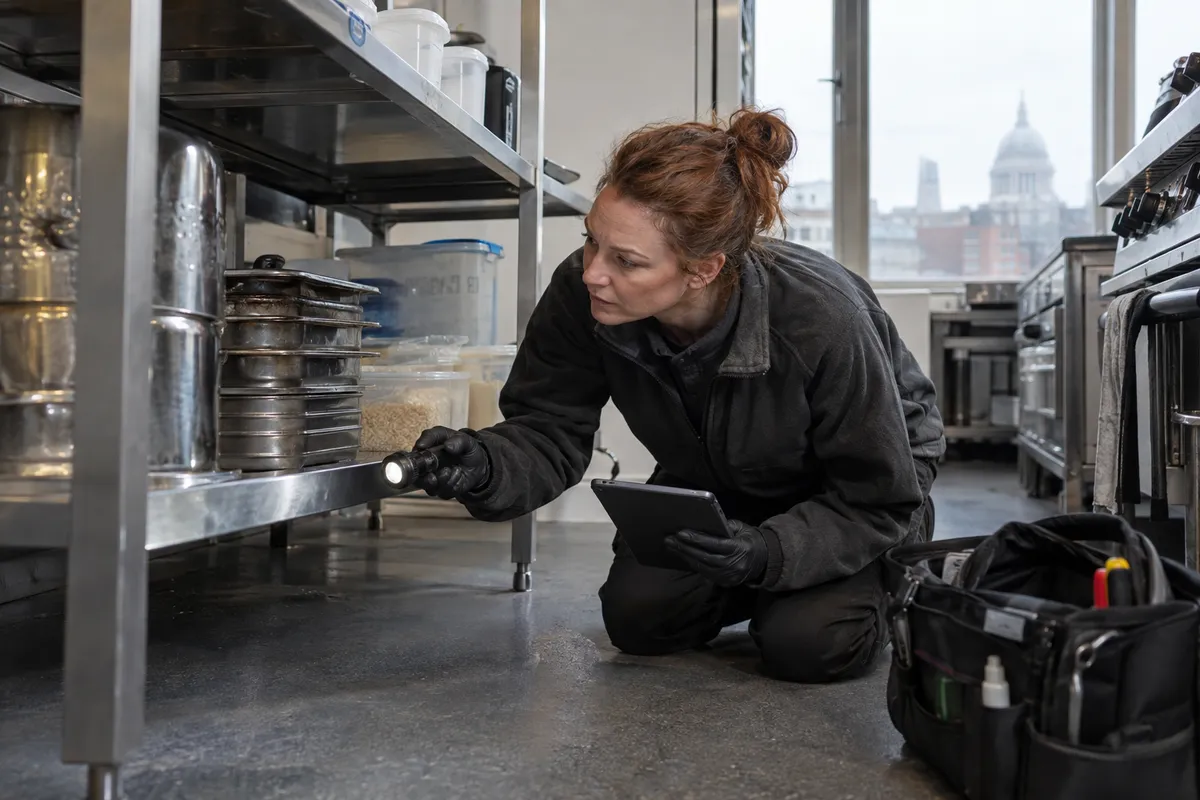 Illustration of a pest technician inspecting a commercial kitchen