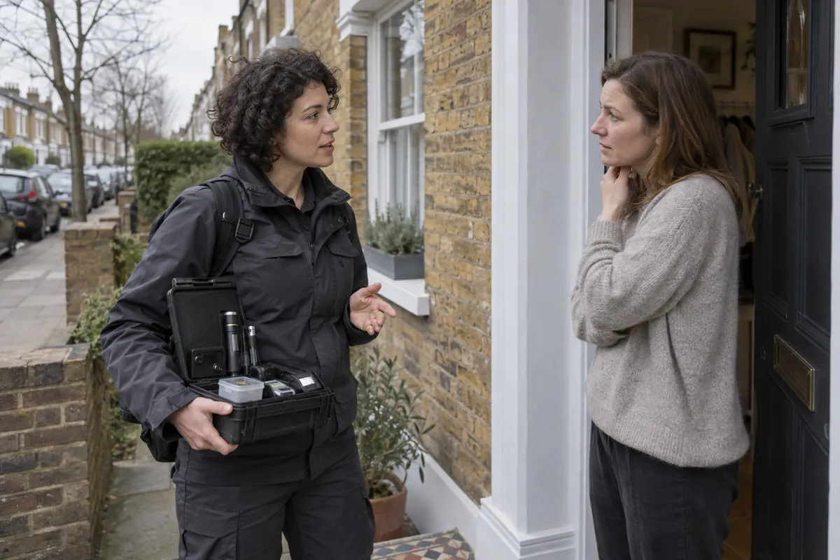 Illustrative technician arriving at a residential property