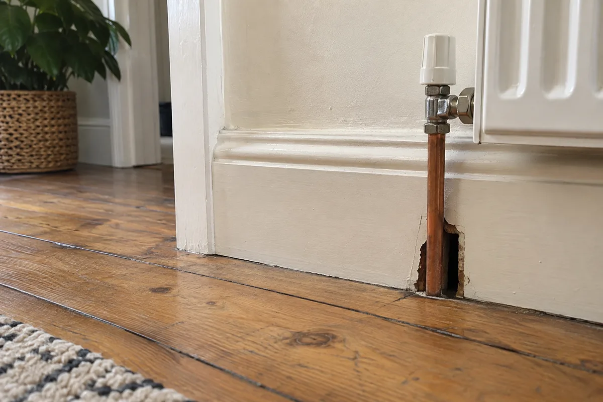 Pipe penetration beside a skirting board