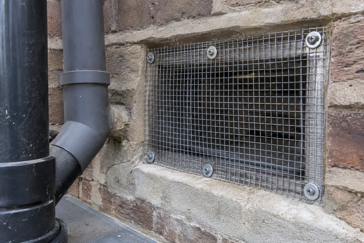 Protective mesh over an exterior wall opening