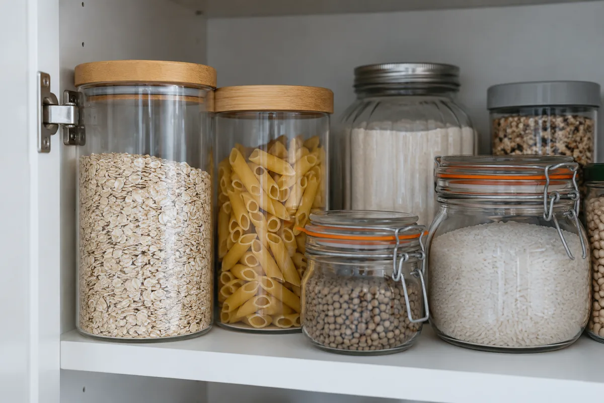 Closed food containers on a household shelf