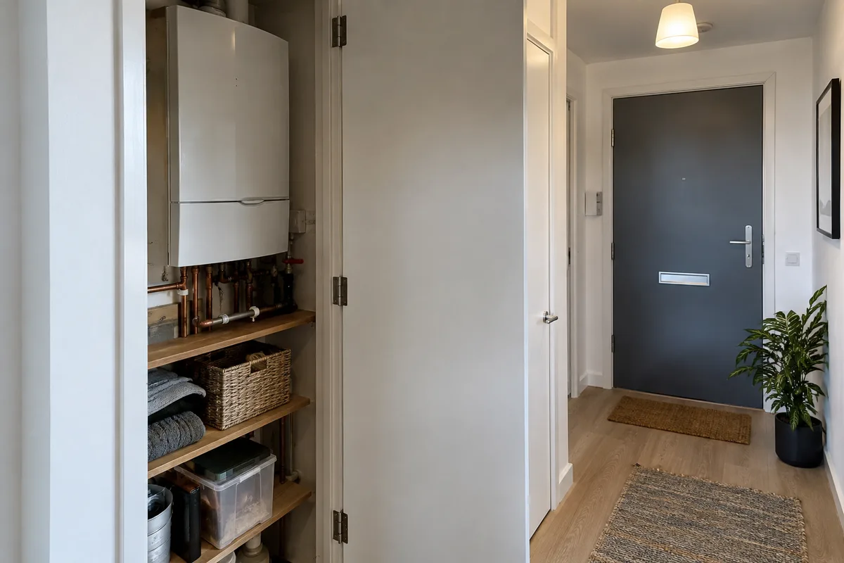 Apartment service cupboard beside a corridor door