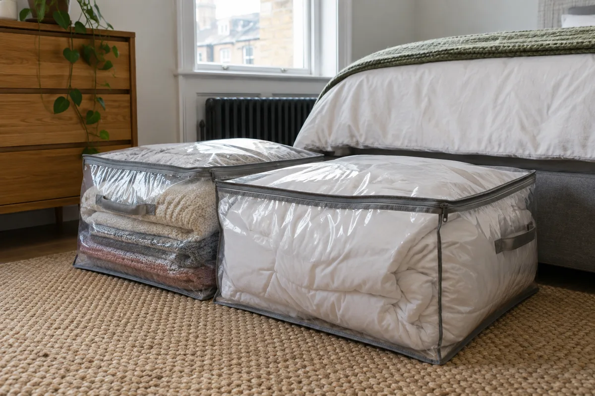 Contained bedding kept within a bedroom