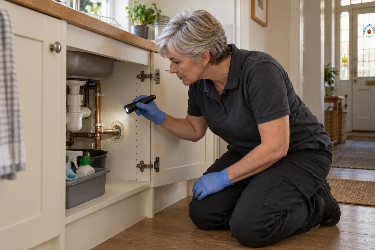 Illustration of a technician checking an under-sink pipe opening