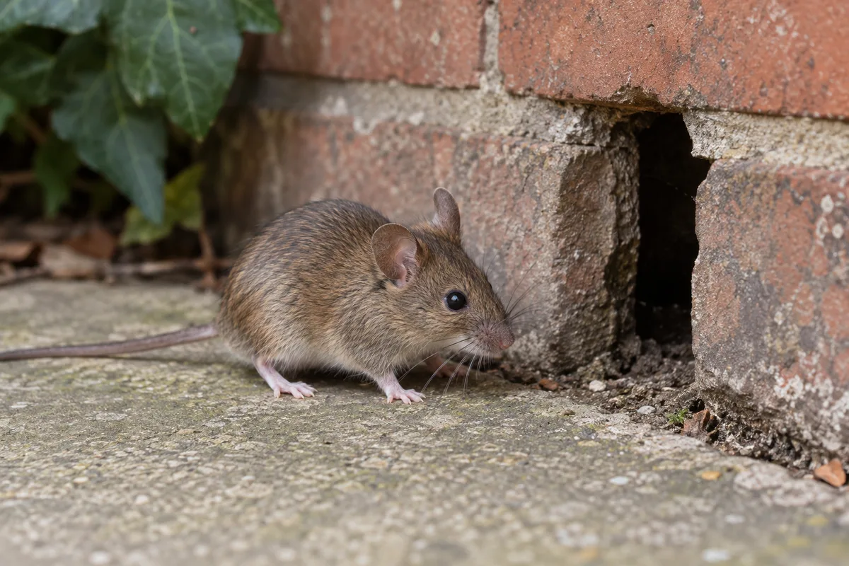 House mouse beside a brick opening