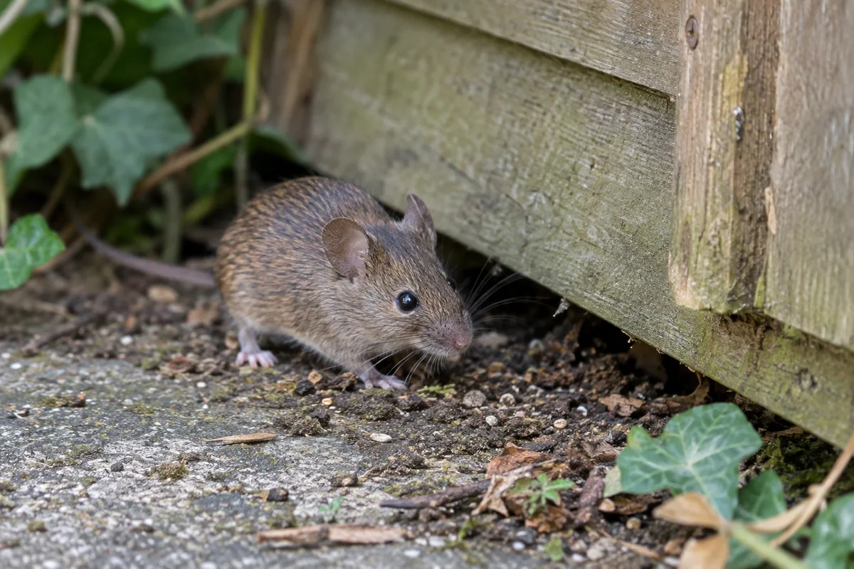 House mouse beside a timber shed base