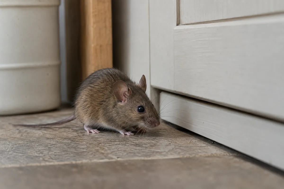 House mouse beside a pantry cupboard