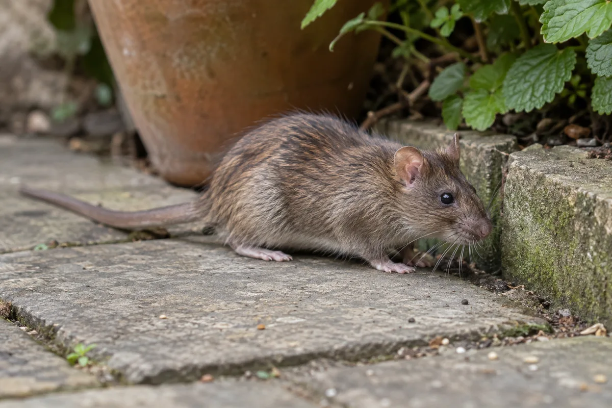 Brown rat beside garden paving