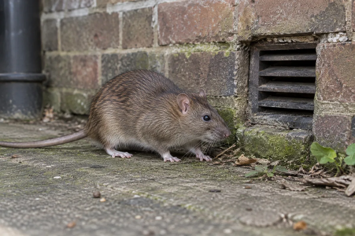 Brown rat near an exterior brick opening