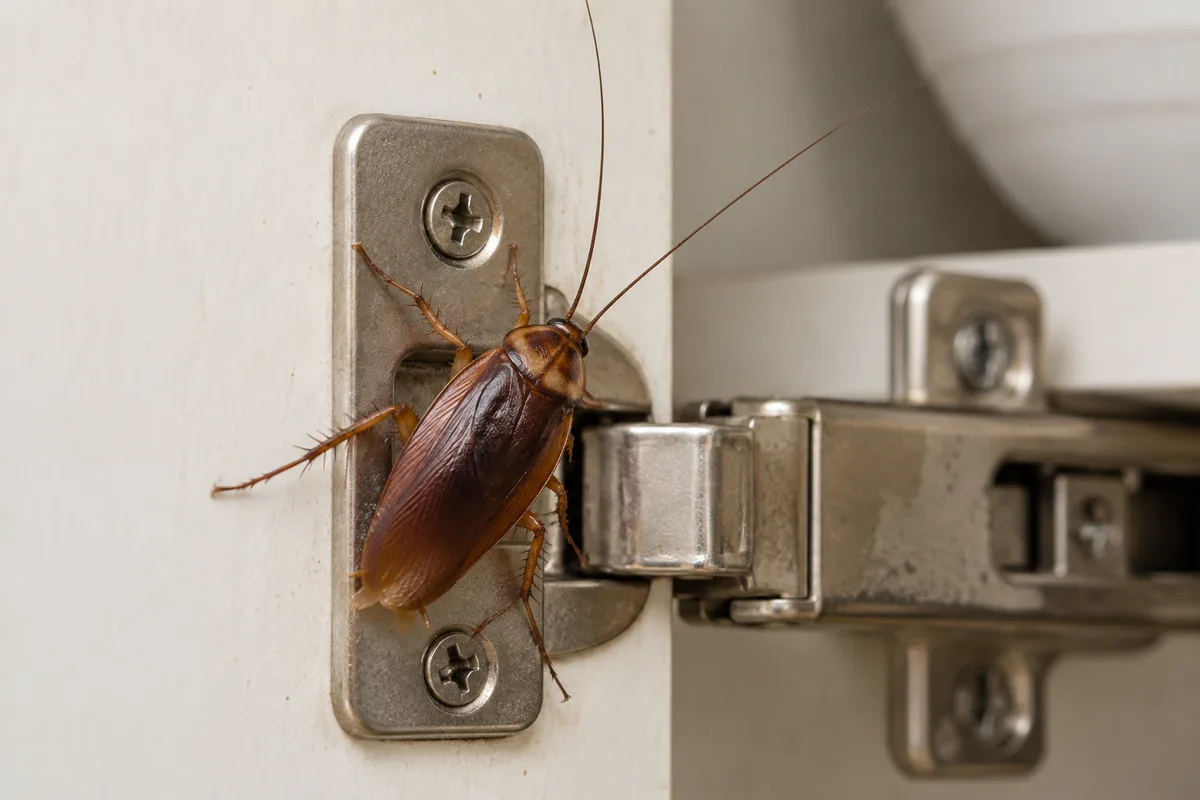Cockroach beside a cupboard hinge
