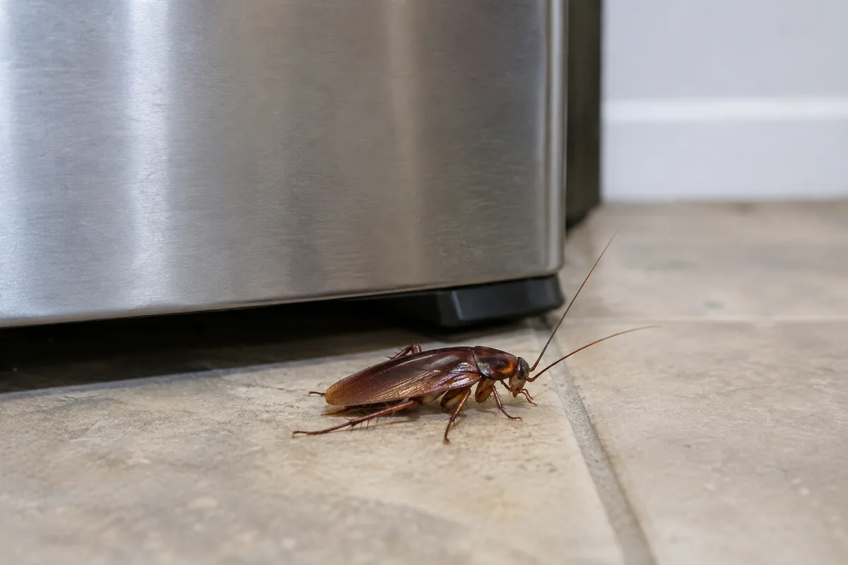 Cockroach beside a refrigerator base