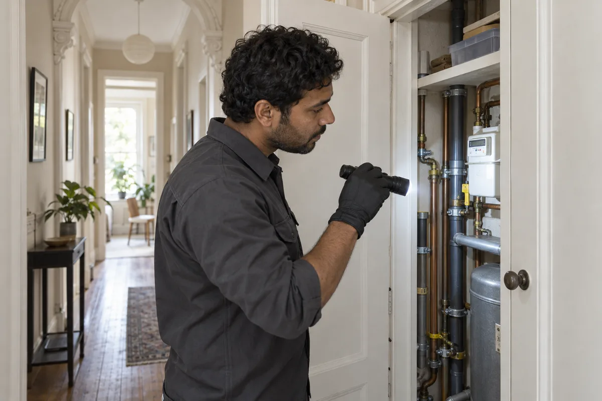 Illustration of a technician inspecting a shared utility cupboard