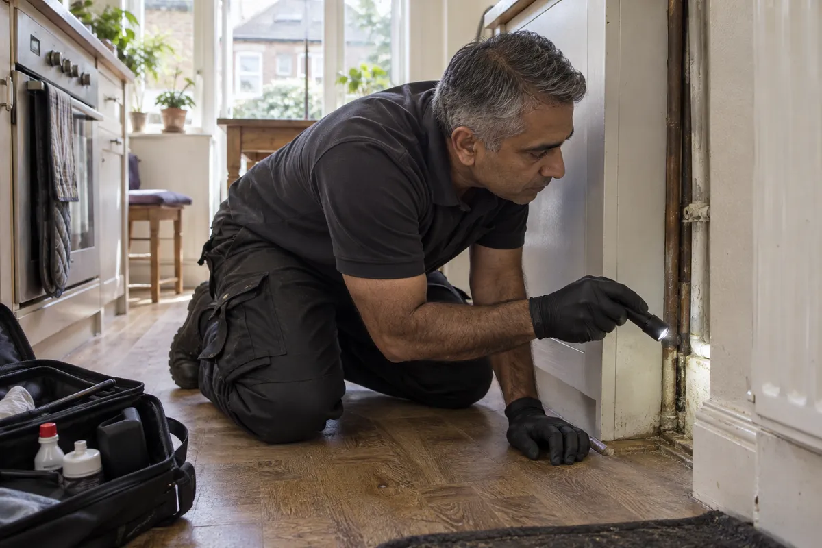 Illustrative pest technician inspecting a UK property