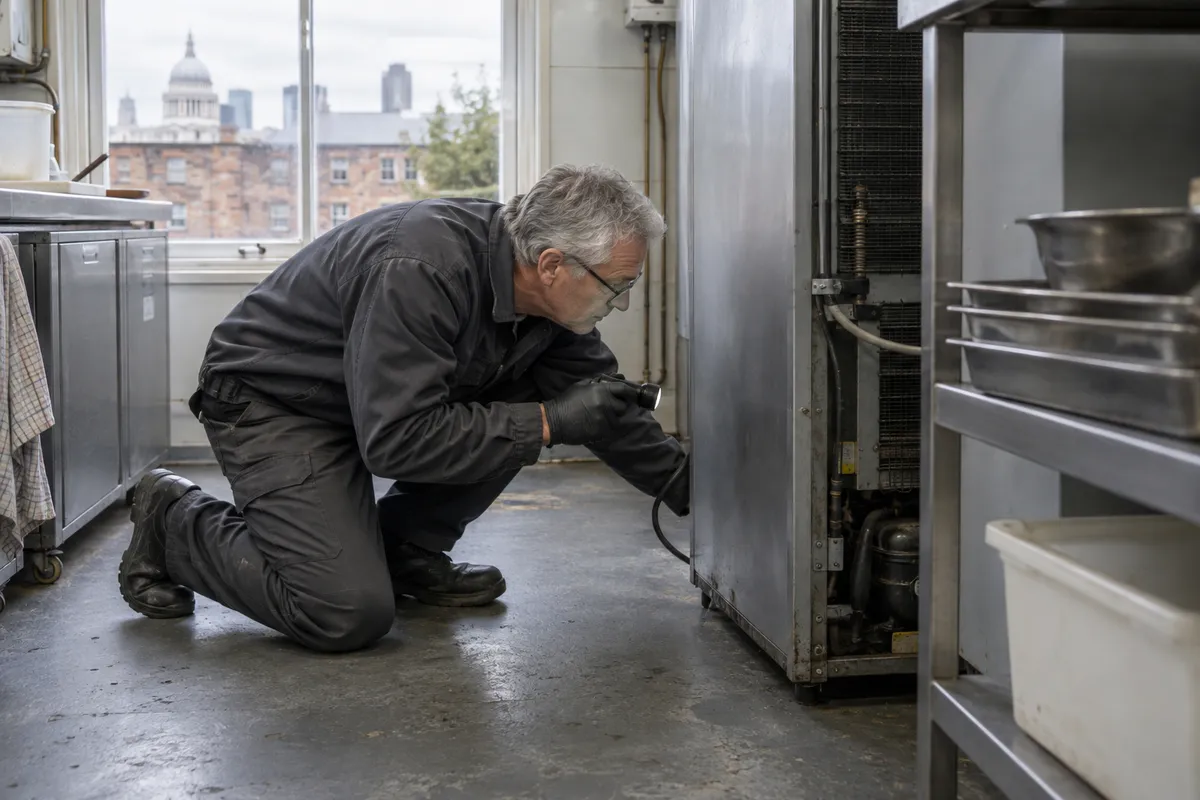 Illustration of a technician inspecting behind a kitchen appliance