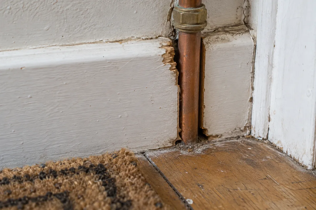 Gap around a utility pipe at skirting level